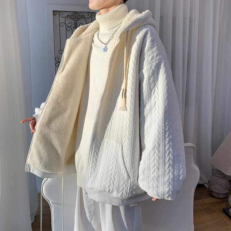 

Мужская повседневная свободная утепленная зимняя куртка из овечьего флиса с вышивкой, молодежная модная модель с капюшоном на молнии, цветная