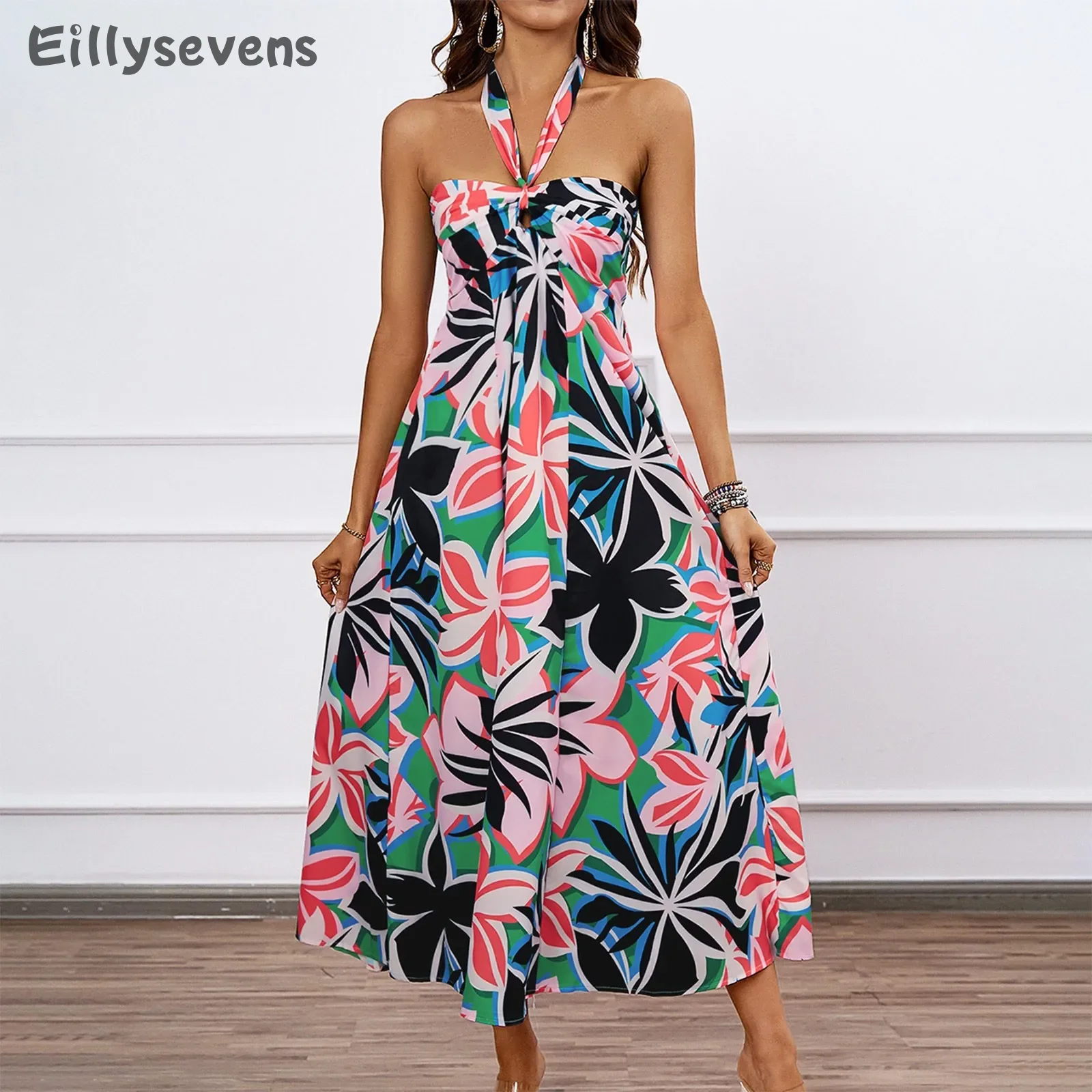 

long dresses for women summer Floral Print party dresses Hanging Neck Large Hem Dress Versatile fashionable vestidos largos