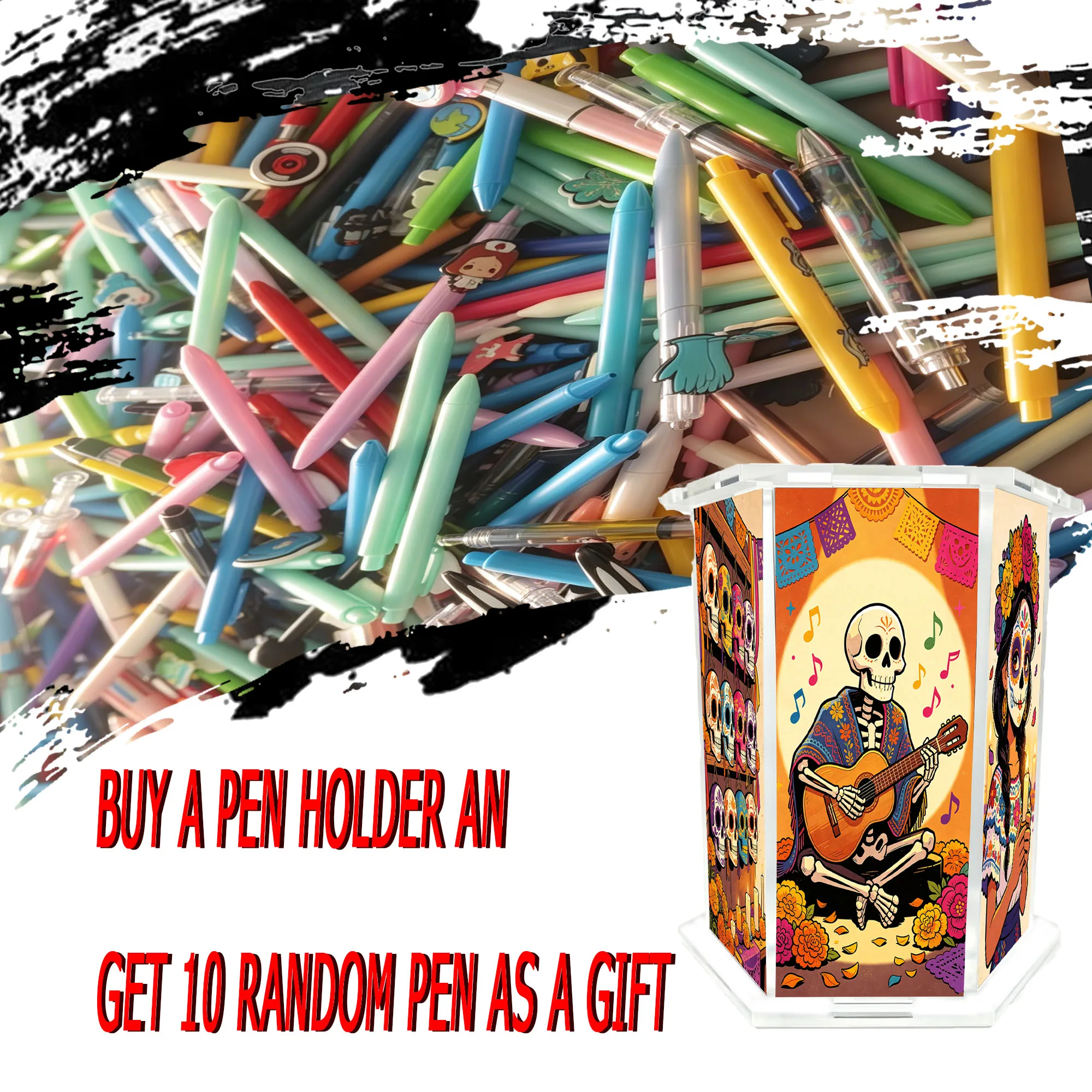 11pcs (1pc pen holder +10pcs random ballpoint pen) Mexican Festival of the Dead theme Acrylic pen holder desktop decoration