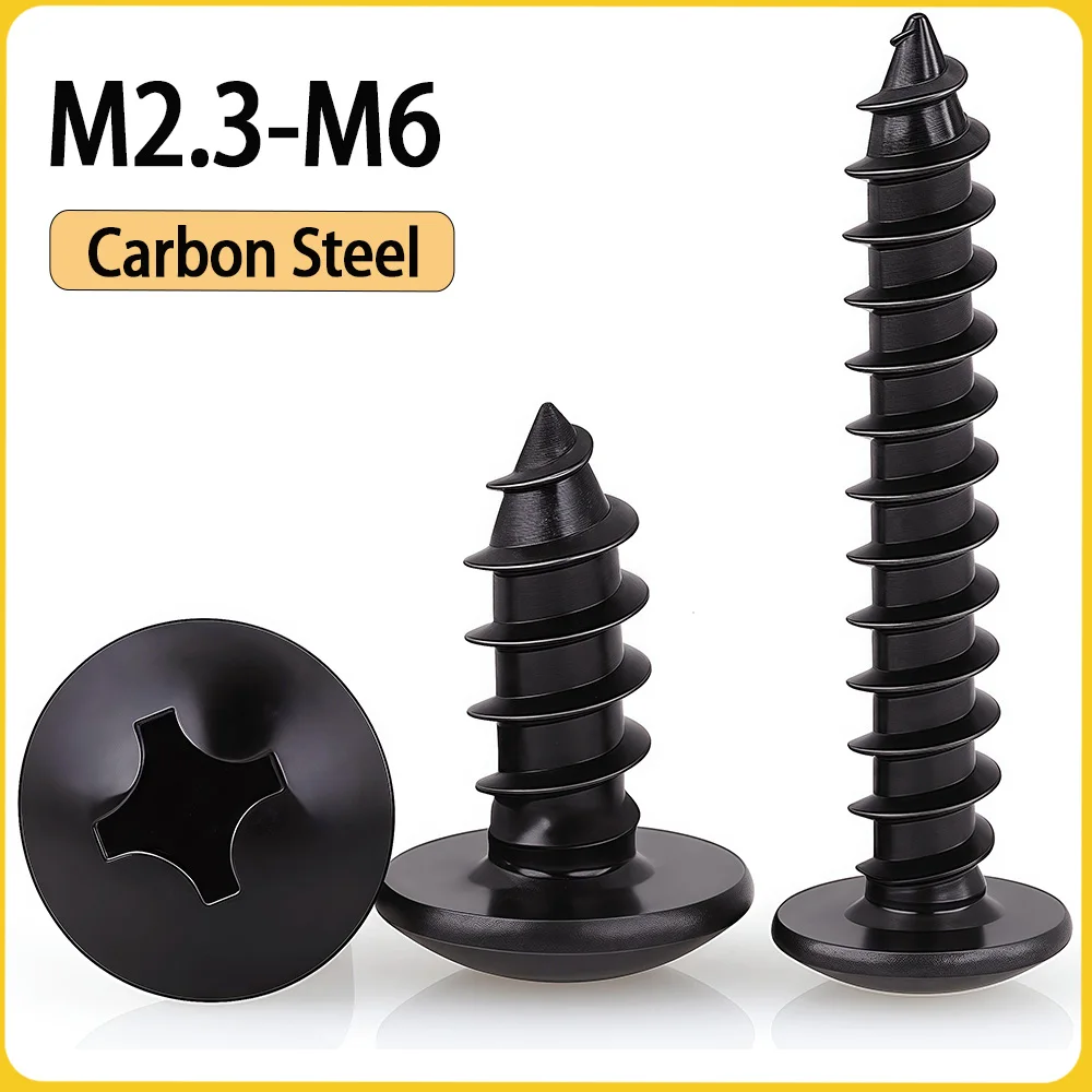 20-200pcs Black Carbon Steel Phillips Truss Head Screw M2.3 M2.6 M3 M3.5 M4 M5 M6 Cross Recessed Flat Head Self-Tapping Screws