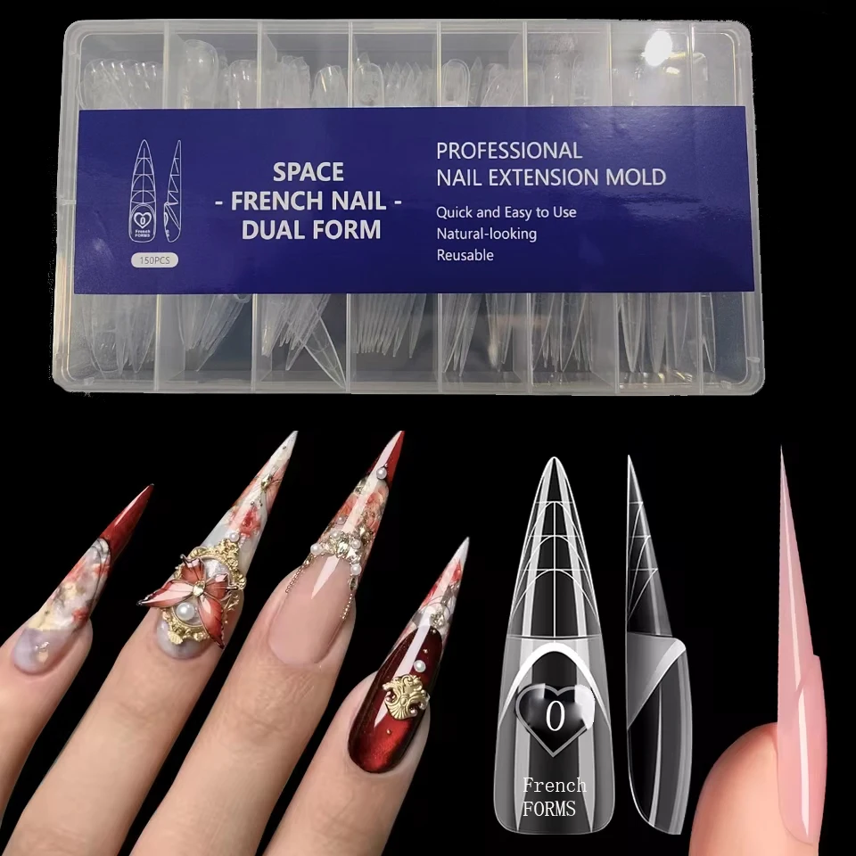 Nail Mold Set for French Manicure, 150 Pieces, Dual-Form Nail Forms in 15 Sizes, for Gel Extension, Reusable, for Home Salon Use