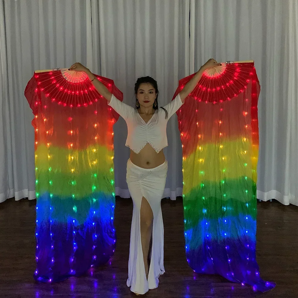 Ventagli pieghevoli arcobaleno con luce a led in seta Danza del ventre Spettacolo teatrale Costume cosplay per feste Spettacoli Bar Nightculb Accessoriec Fan Props