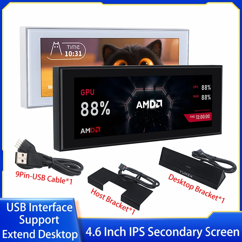 

TURZX 4.6 Inch IPS Secondary Screen USB Interface CPU GPU RAM Smart Screen 960x320 Support Extend Desktop For Windows 10 11