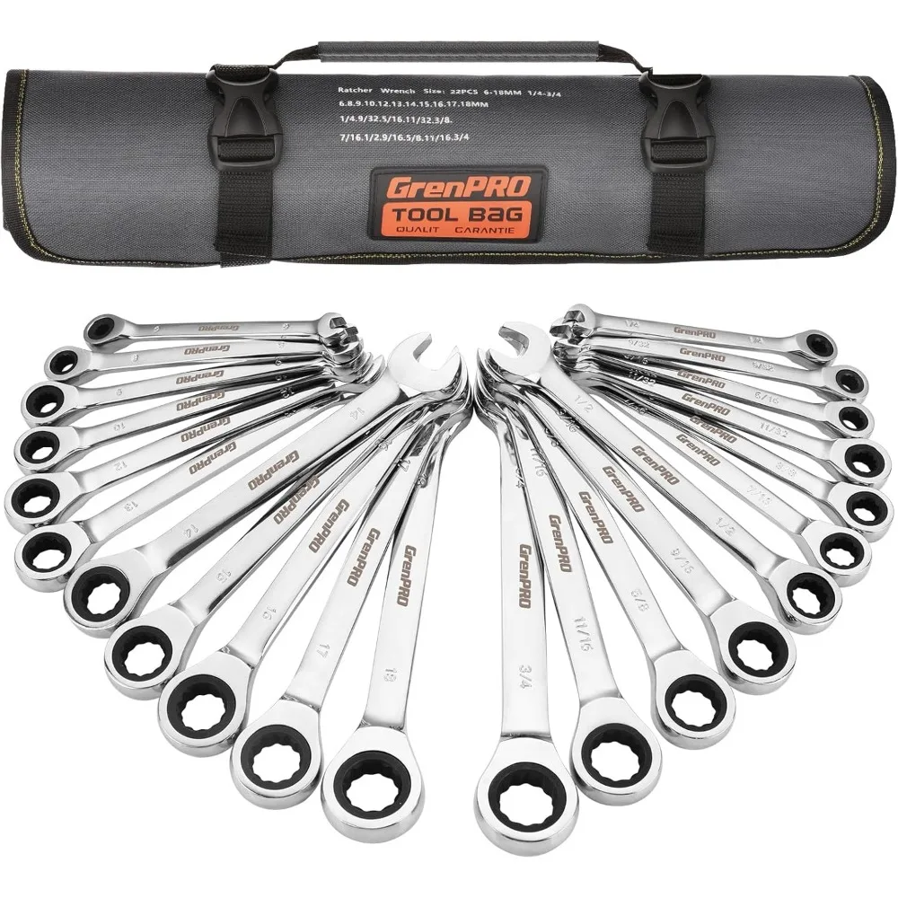 

22-Piece SAE and Metric Wrench Set: 72 Tooth Long Open End, 1/4 to 3/4 Inch and 6-18mm Sizes, Organizer Included