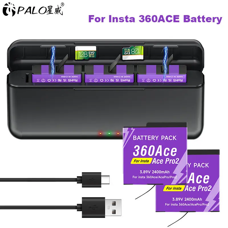 Batería de 2400mAh para Insta360 Ace/Ace Pro o Cargador Dual LED de 3 Ranuras para Accesorios de Cámara Insta360 Ace Insta 360 Ace Pro 2