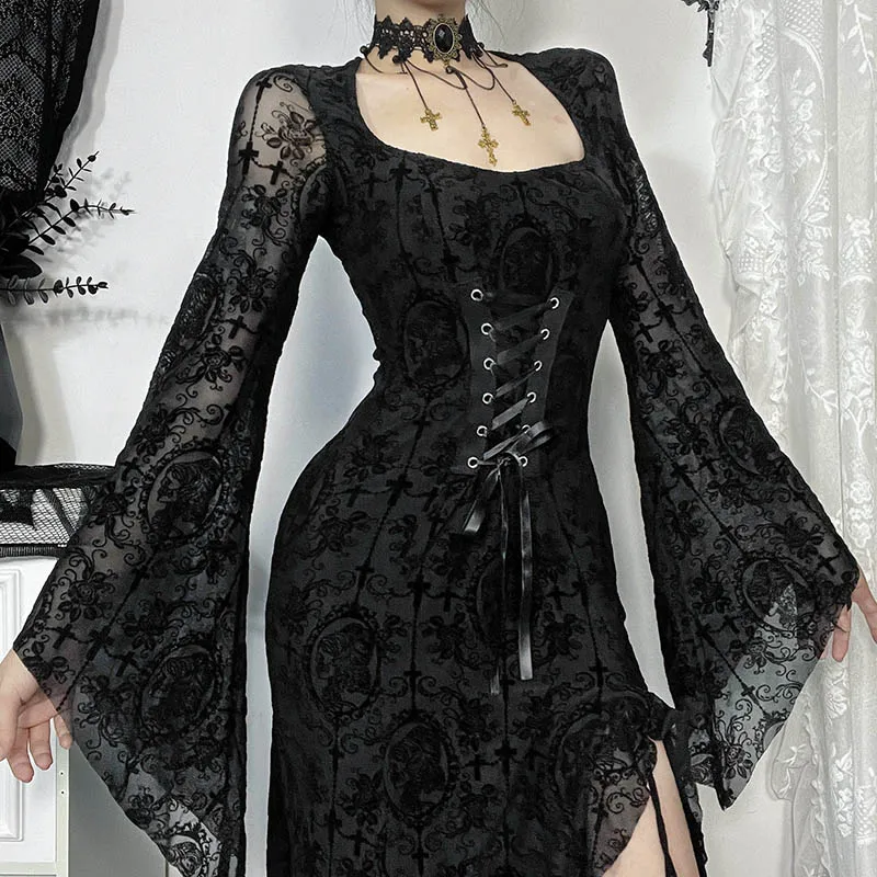 Vintage Goth Lace Flocking Flared Long Sleeve Party Dresses Y2K Sexy High Slit Lace-up Bodycon Long Dress Women Autumn Fashion