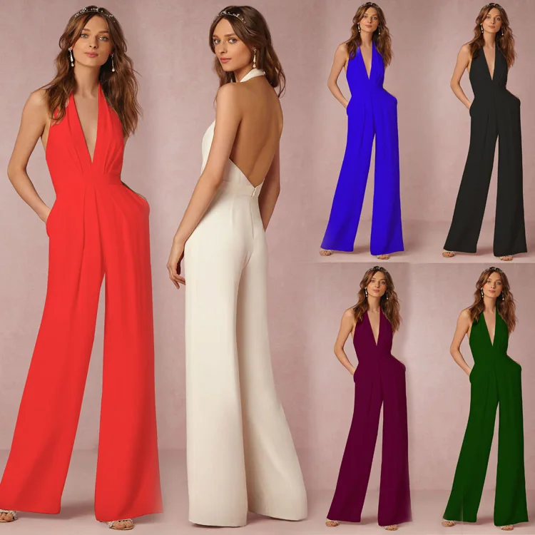 Jumpsuit Spring Summer Casual Sleeveless Halter Neck Sexy Jumpsuits Overall Playsuit Romper Women Tie Front Backless One Piece
