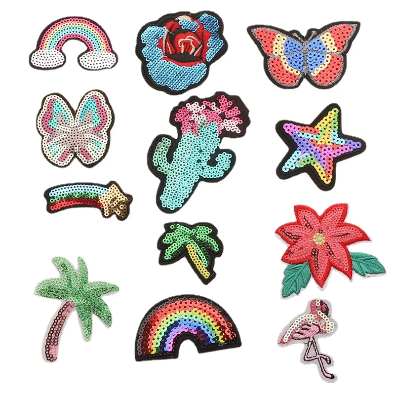 100pcs/Lot Luxury Sequin Embroidery Patch Rainbow Flower Coconut Flamingo Star Butterfly Clothing Decoration Craft Diy Applique