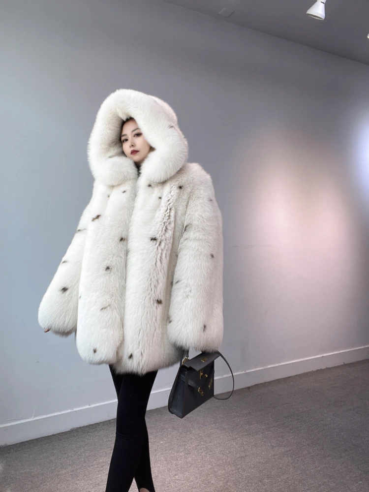 Fangtai 2024 New Winter Warm Luxury Natural Real Fox Fur Coat Women jackets Hooded Mid Length Plus Size Female Vest FreeShipping