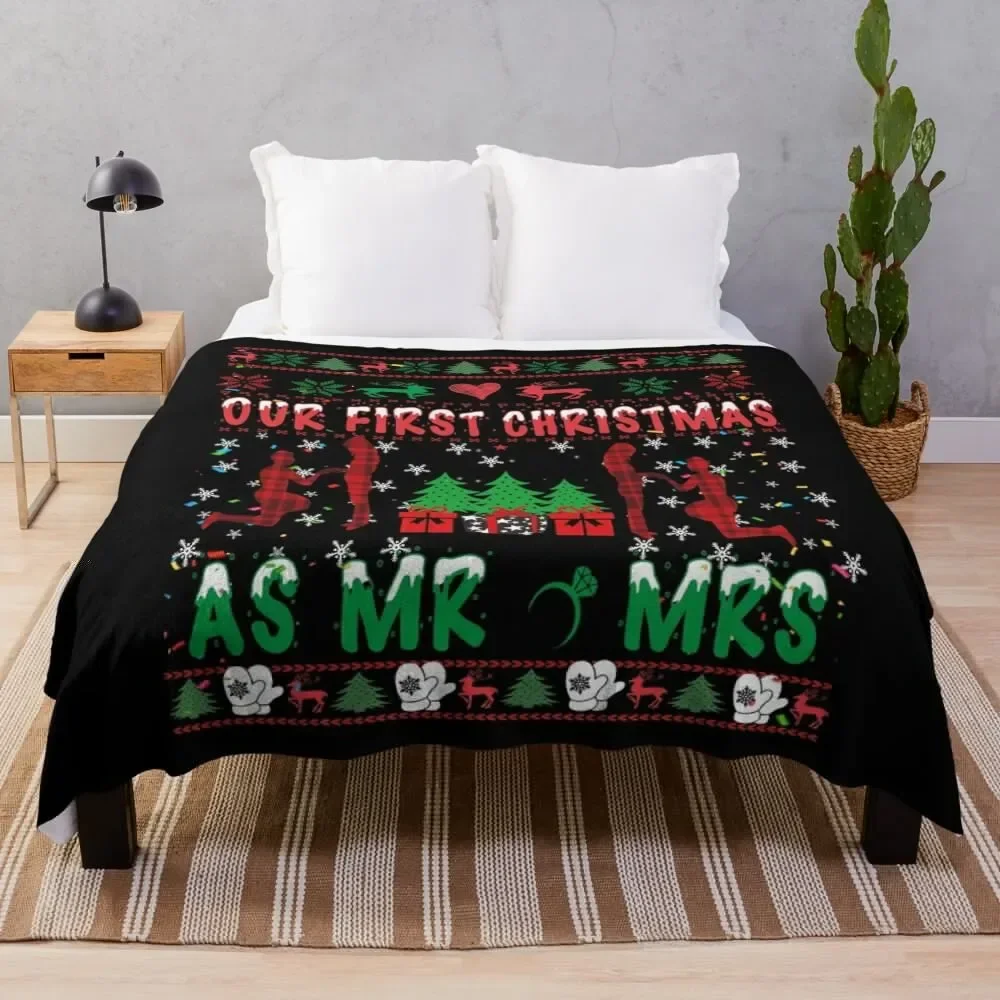 Our First Christmas As Mr & Mrs 2021 Couple Wife Husband Throw Blanket Cute Thermal Blankets