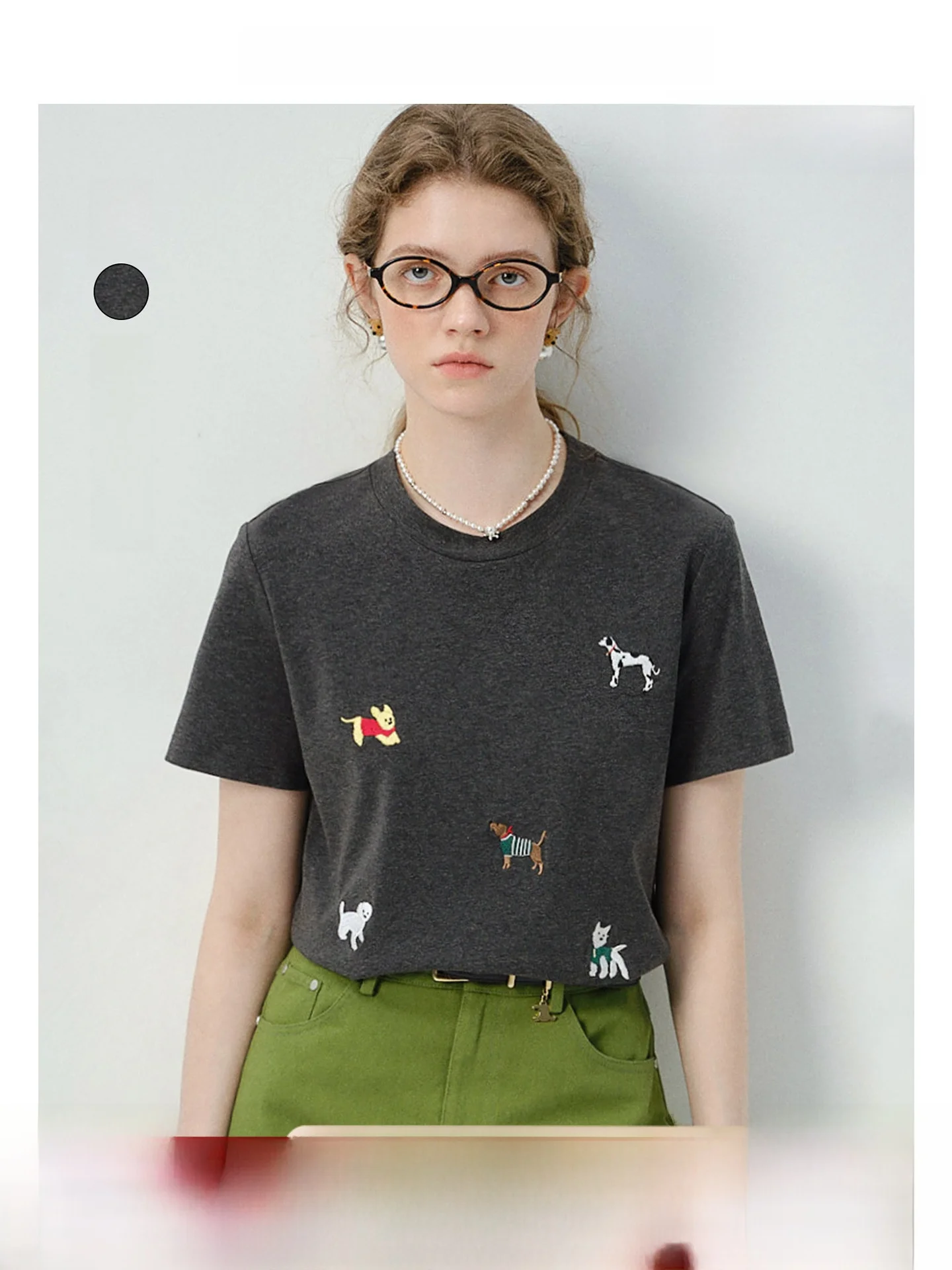 

VEGA CHANG Women's ort Sve T-irt Embroidered Dog Fun Casual Summer Top oulder Width Stand Straight Cut Sle