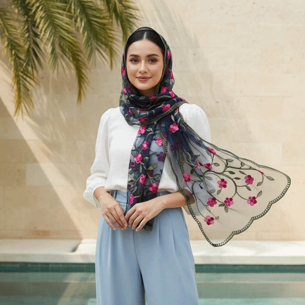 Ethnic Style Embroidered Floral Headwrap Breathable Lightweight Long Lace Scarf Colorful Scalloped Boho Sheer Shawl Elegant Lady