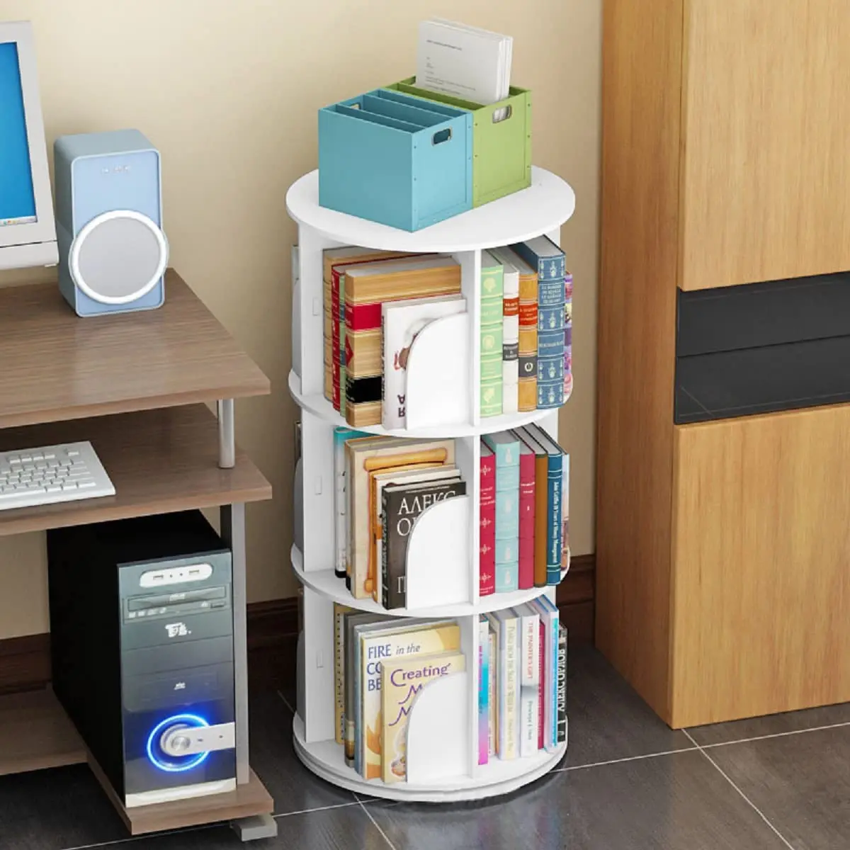 

3 Tier Rotating Bookshelf Tower,Spinning Bookcase Lazy Susan,Revolving 360 Book Shelf Storage Round Carousel,Vertical Rotate Tur