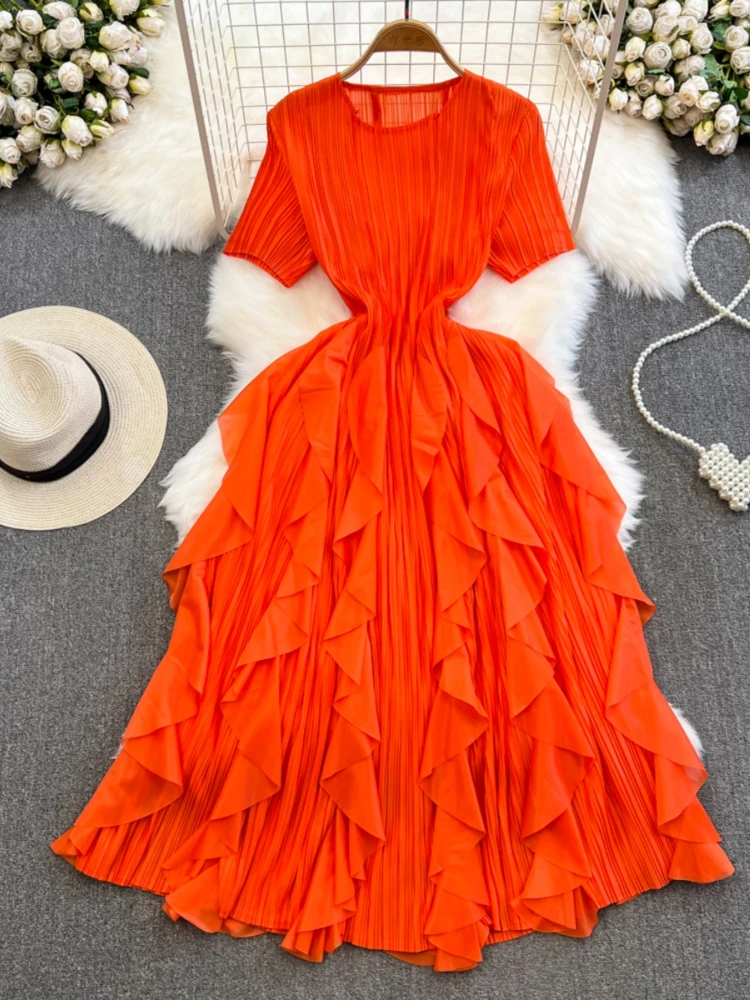 

Women Round Neck Short Sleeved High Waist Slim A-line Pleat Ruffled Edge Dress Summer Beach Vacation Party Solid Color Dresses