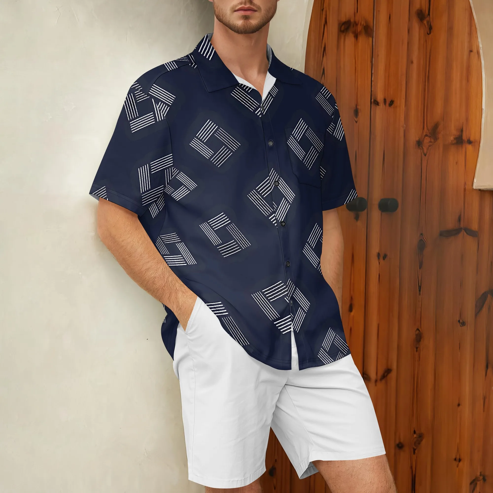 

YEAE Geometric Stripe Print Shirt for Men Summer Casual Short Sleeve Top