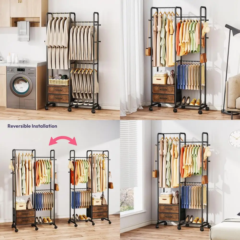 

Portable Hanging Clothes Rack with Lockable Wheels - Freestanding Storage for Bedroom, Closet, and Laundry, Black