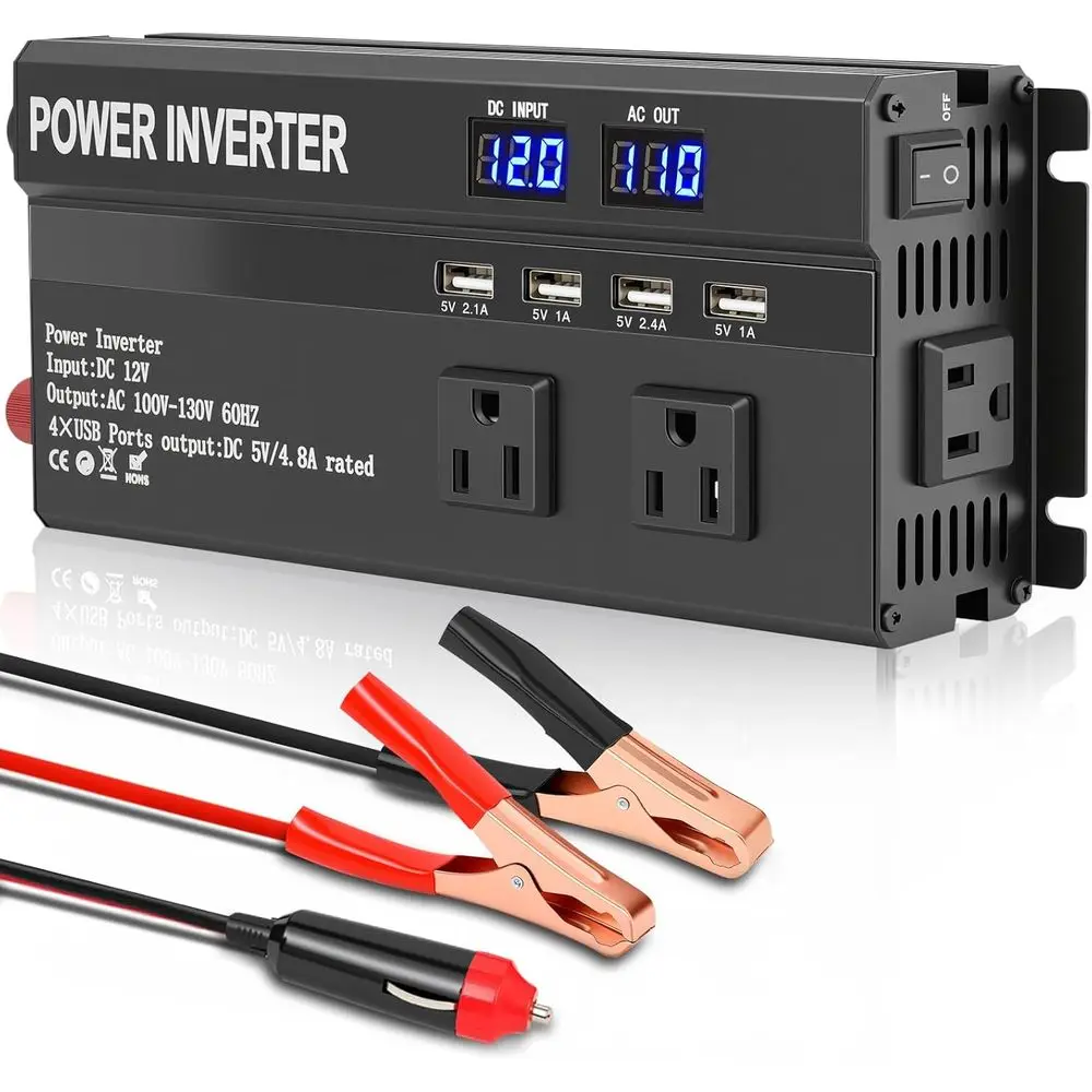 

1200W 12V to 110V AC Car Inverter with 2.4A USB and 3 AC Outlets for Road Trips, Camping, RV, and Vehicle Power Needs