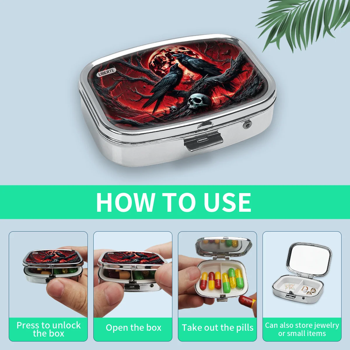 Gothic-Style and Halloween-Themed Metal Pill Box with Dual Compartments - Rubber Printing, Food Safe, Multi-Functional for Jewelry and Vitamins, Decorative Capsule Storage, Ideal Gift for Family and Friends