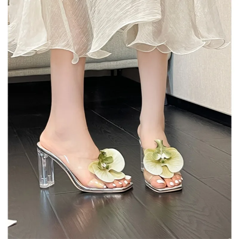 Low Top Women\'s Slippers Roman Rubber Fabric Slippers Hoof Heels Women\'s 2024 Transparent Strappy Flower Sandals heels women