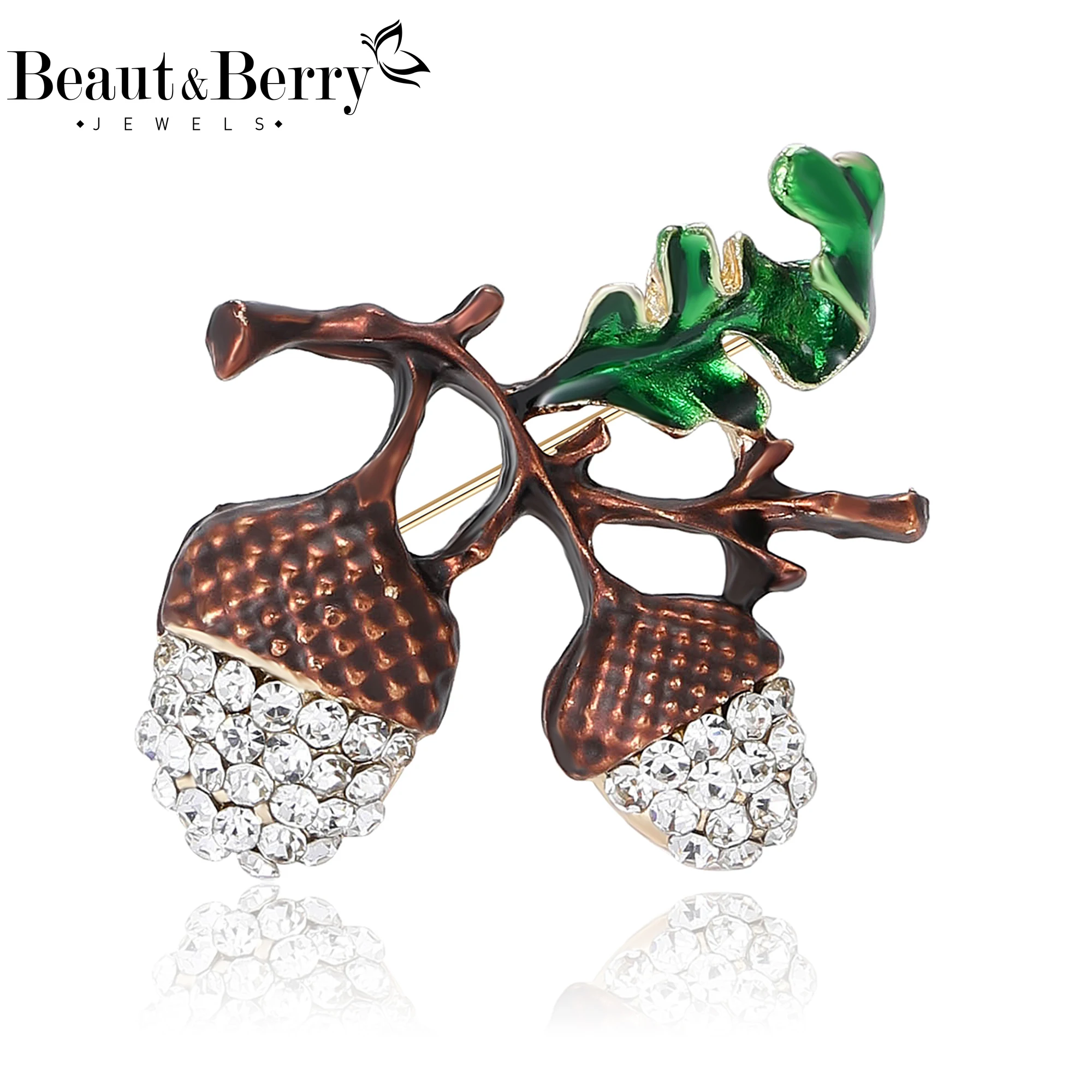 Beaut&Berry Trendy Enamel Rhinestone Chestnut Brooches for Women Unisex Plant Pins Casual Party Accessories Friends Gifts