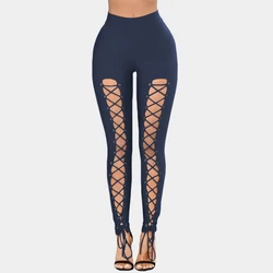 European And American Sexy Front Corns With Lace-up Leggings Navy Blue High-waisted Skinny Niners With Lace-up Front Small Feet