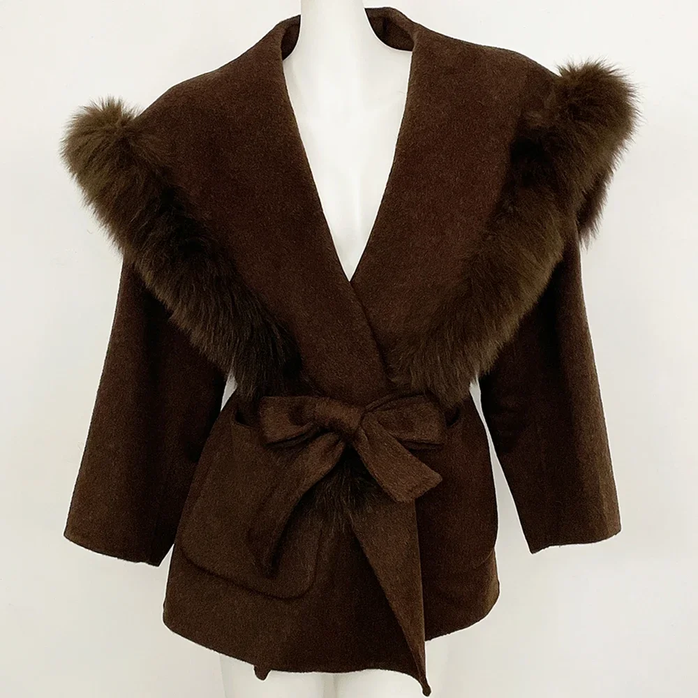 OFTBUY Neue Luxus-Winterkleidung für Damen, Naturpelz, 100% Wollmantel, großer Echtfuchspelzkragen, Gürteljacke für Damen – Detail 6