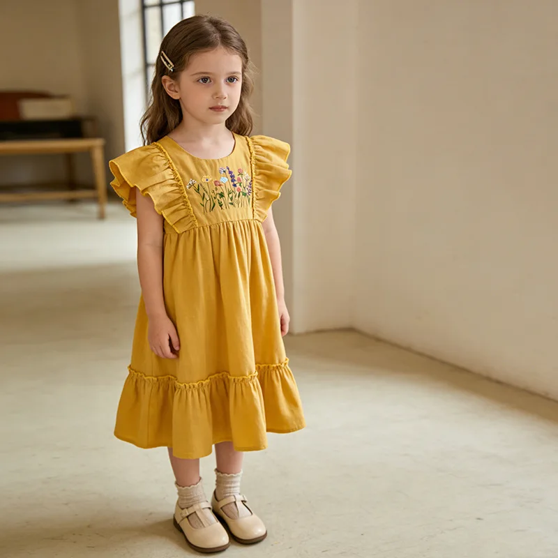 

Летнее платье-жилет для девочек в корейском стиле с кружевными рукавами-крылышками и вышивкой, 100% хлопок, для малышей, милое повседневное нарядное платье