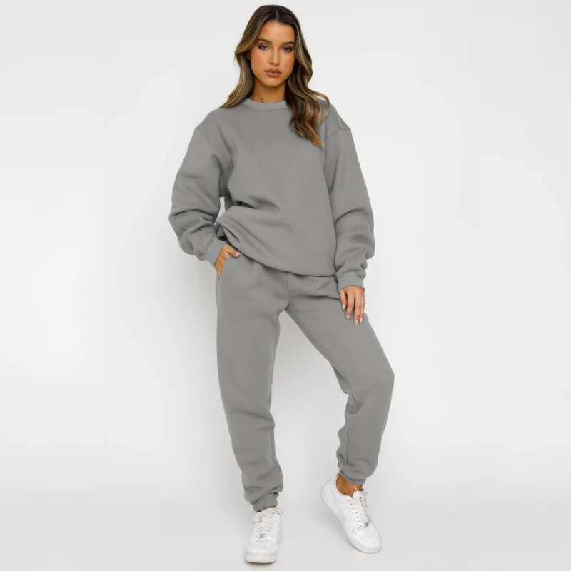 

New Women Long Sleeve O-Neck Pullover Sweater Drawstring High Waist Pencil Pants Suit 2023 Autumn Winter Solid Color Loose Suit
