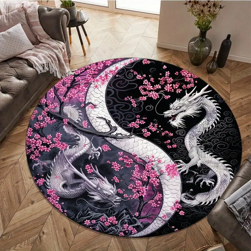 VIKAMA Chinese Style Tai Chi Cherry Blossom Circular Carpet, French Bedroom Light Luxury Floor Mat, Oriental Area Rug
