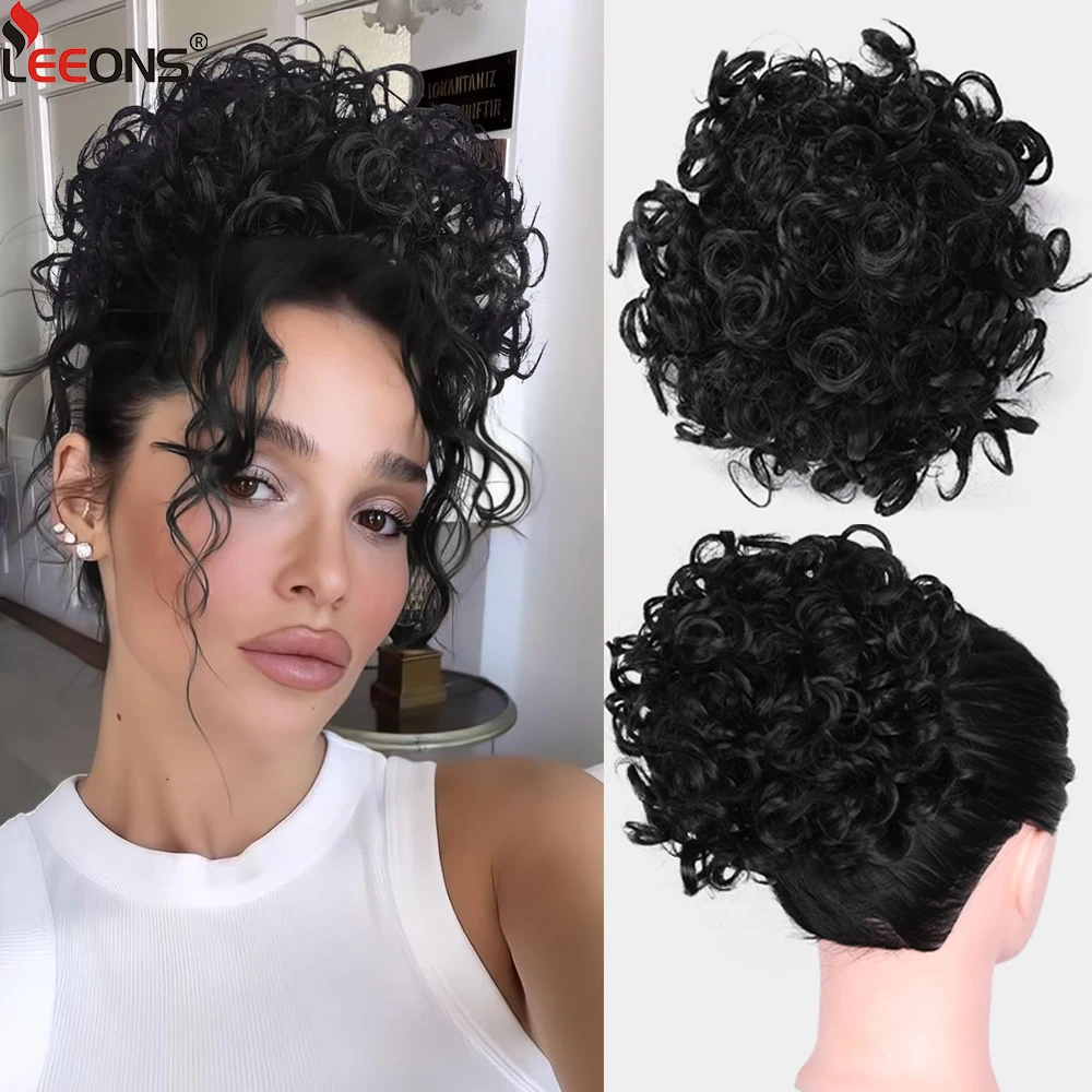 Leeons Drawstring Curly Bun Synthetic Chignon Hairpiece For Women Drawstring Ponytail Kinky Curly Tail Clip Hair Extensions