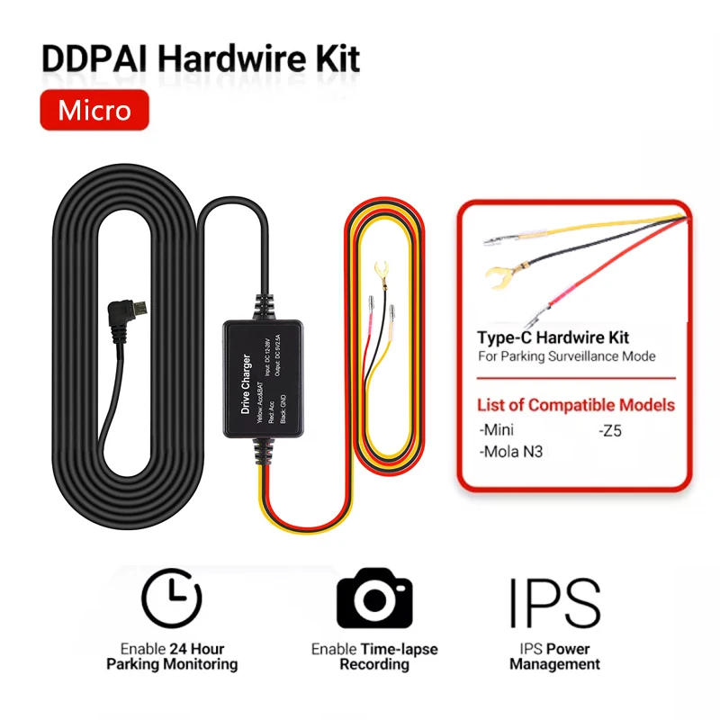 DDPAI 12/24V Micro USB Car Charger 4M Hard Wire Hardwire Kit for DDPAI Mini / DDPAI Z5 / DDPAI N3 Dash Cam