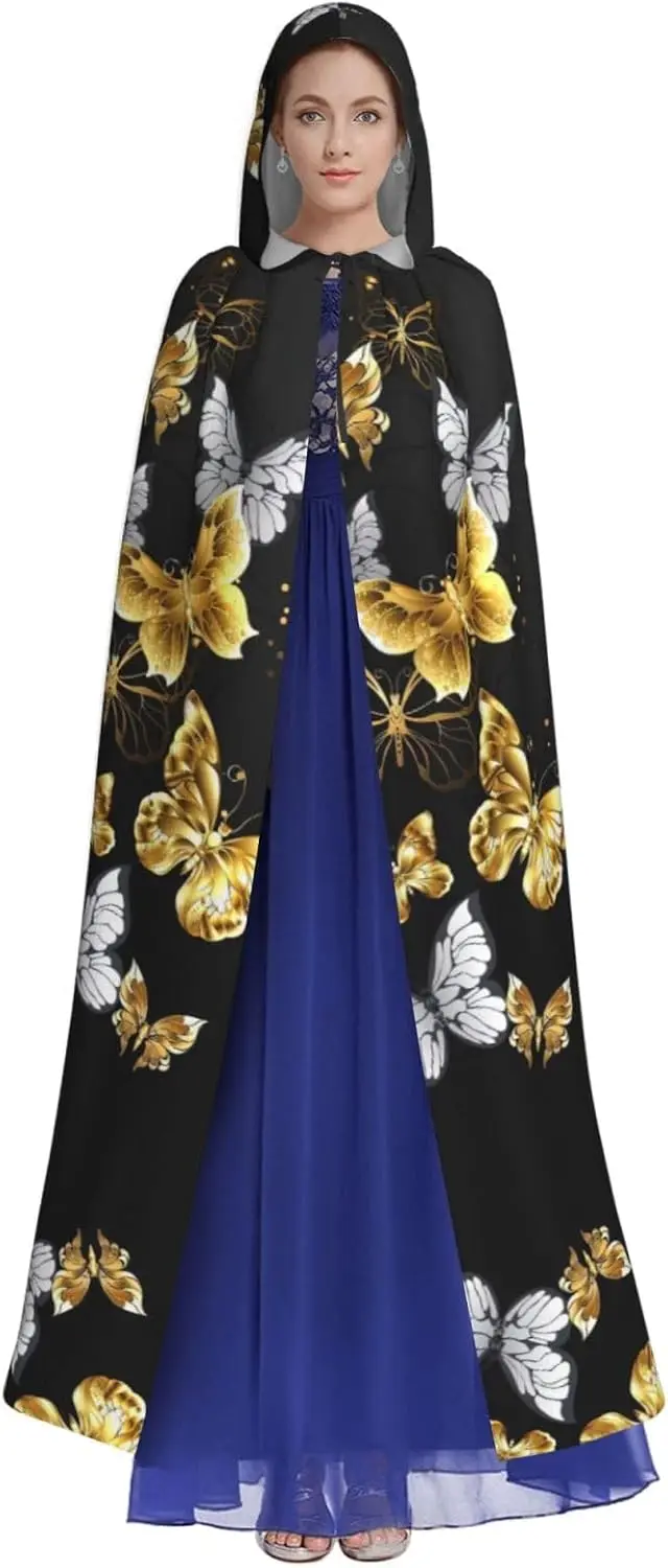 Gold White Butterflies Black print Adult Hooded Cape Carnival Festival Cape Cosplay Robe Costume party Gothic Carnival