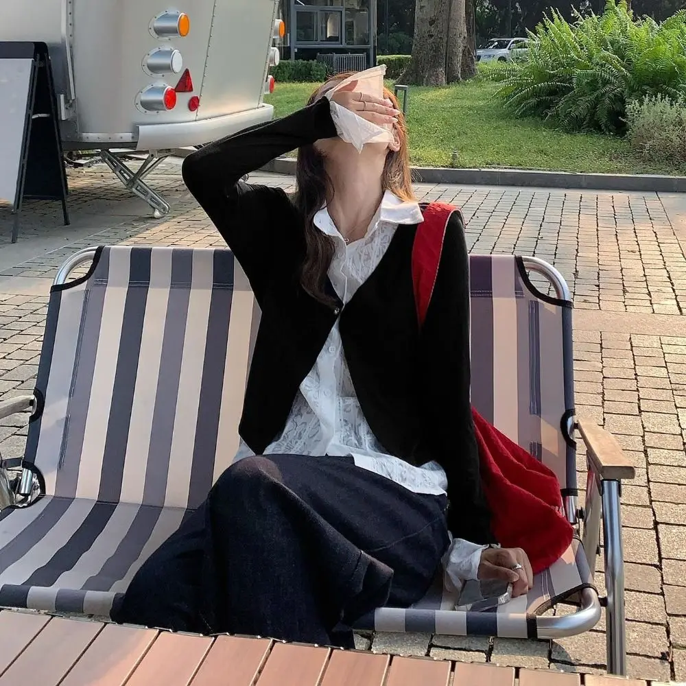 

Slim Fit False Two-piece Top Korean Style Flip Collar Lace Long Sleeved Knitwear Cardigans Patchwork Lace Shirts Knitwear