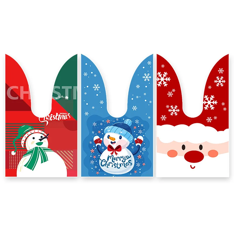50pcs Kantong Camilan Natal Berbentuk Telinga Kelinci yang Dipersonalisasi, Kantong Kue Salju, Kantong Permen, Kantong Kue, Kantong Plastik 3D untuk Hadiah Natal