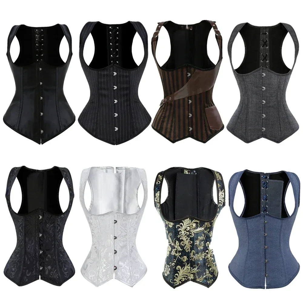 Gothic Underbust Corset Vest with Shoulder Straps Lace up Cupless Waist Cincher Bustier Body Shapewear