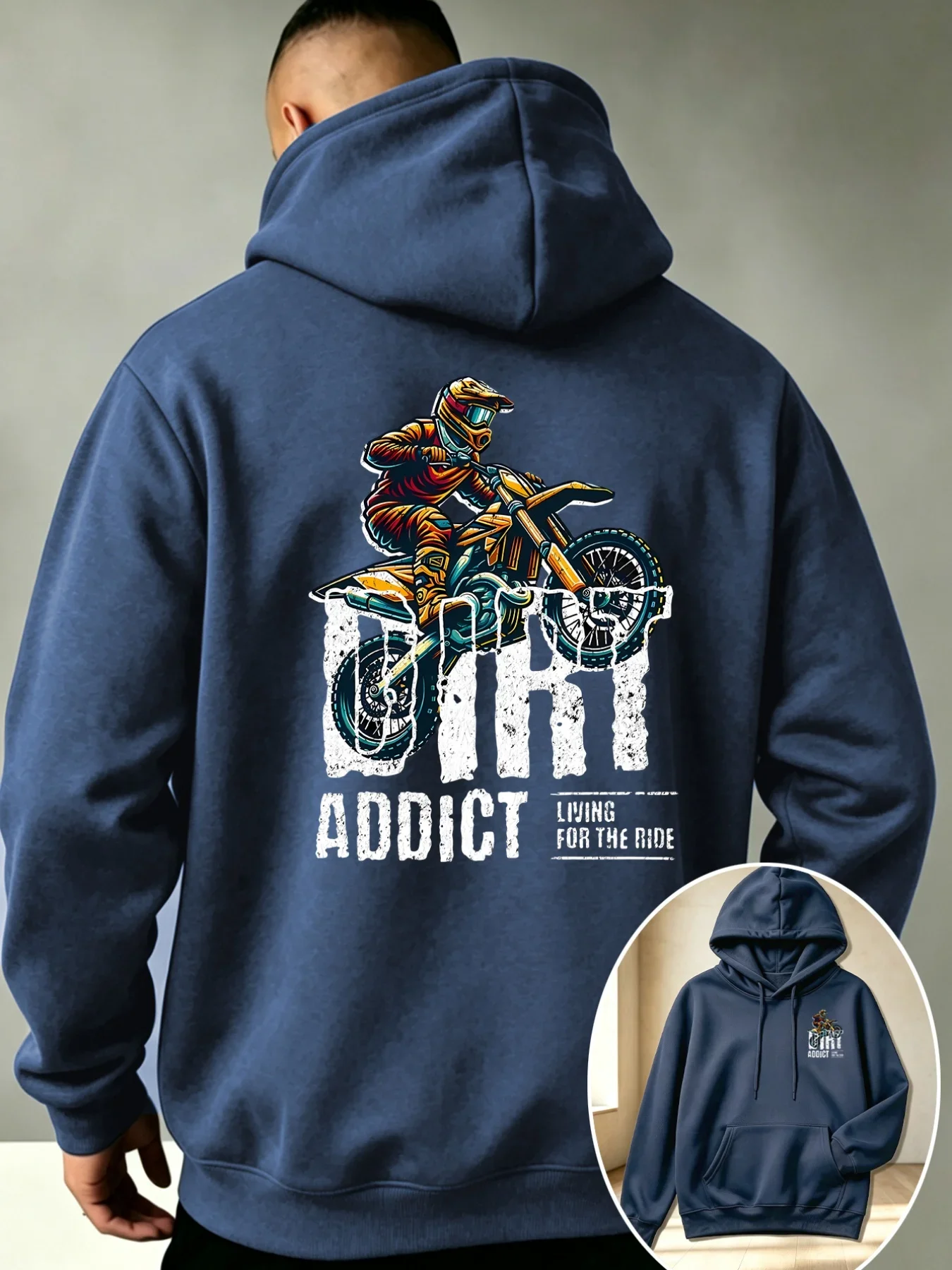 Unisex Dirt Addict Motocross Rider Back Print Hoodie, Off Road Biker Loose Fleece Sweatshirt Autumn Winter