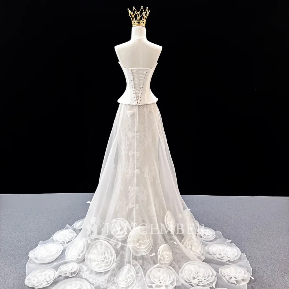 Elegant White A-line Customized Wedding Dress Strapless Corset Peplum Lace 3D Roses High-end vestidos de novia boda