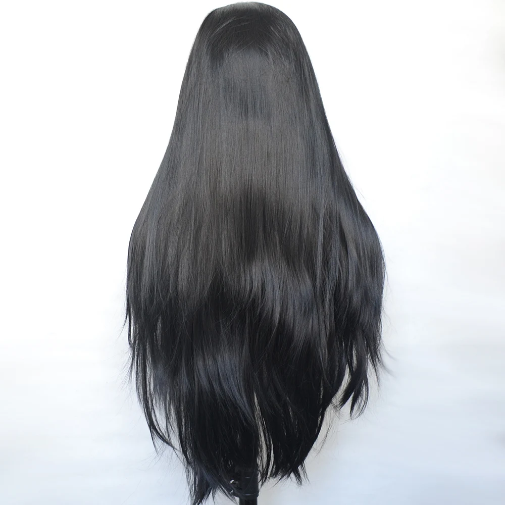 Voguebeauty 1B Natural Black Synthetic Lace Front Wig Silky Straight Heat Resistant Fiber Natural Hairline Cosplay For Women