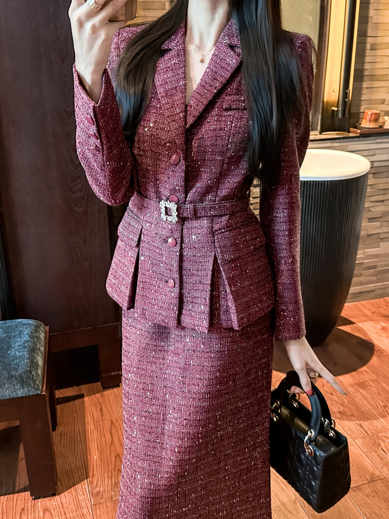 

You See Wool Blend iny Sequin Small Fraance Sle Commute Two Piece Set Women's Faion Tailored High Waist Spring Suit