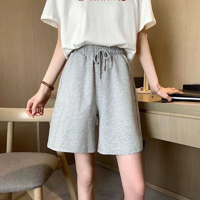 Pop Grey Sports Shorts Women Summer Loose High Waist Large Size Straight Leg Student Casual Wide Leg Five-Quarter Pants