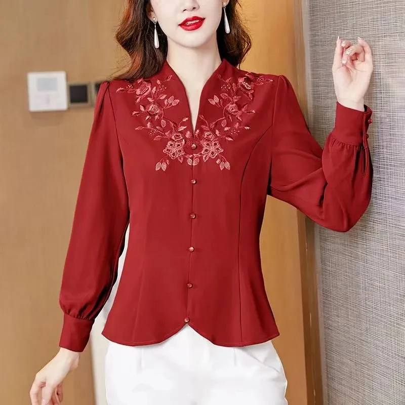 2023 New Design Sense Spring And Summer Purple Shirt Female Long Sleeve Noble Fashionable Middle-Aged Lady Embroidered Blouse