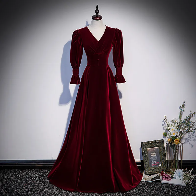 

Evening Dress V-Neck Simple Full Sleeves Zipper Back Pleat A-Line Elegant Floor-Length Burgundy Party Formal Gown Woman B1922