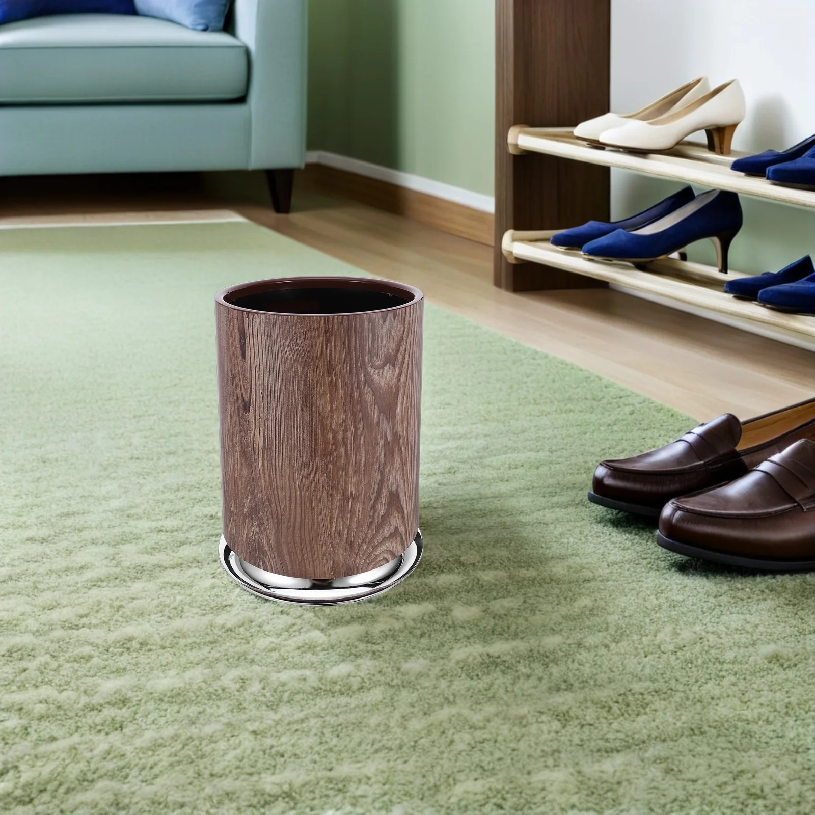 

Wood Grain Look Waste Basket Light Brown Compact Trash Can Indoor Outdoor Round Modern Design Kitchen Garbage Can Farmhouse