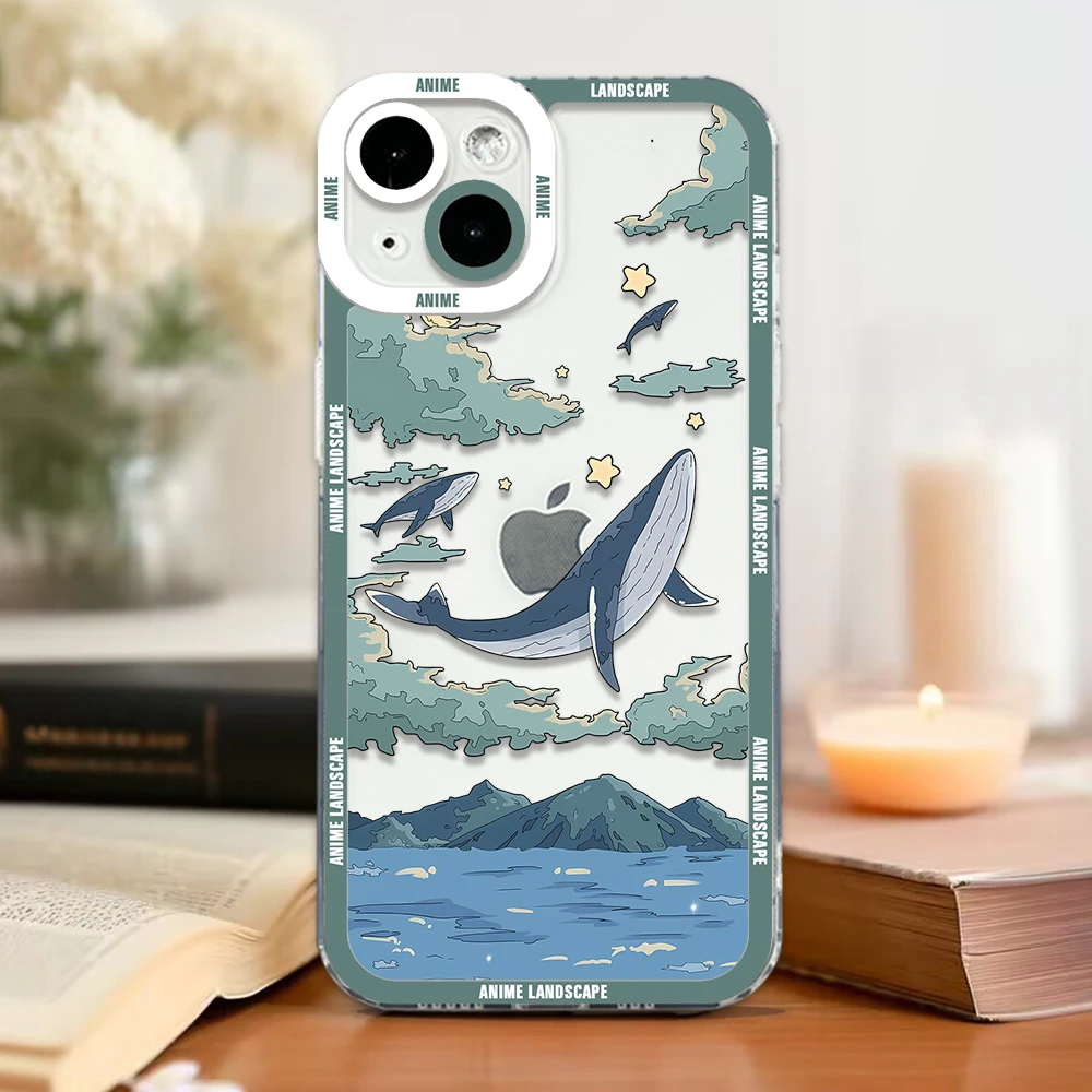 Case For iPhone 16 15 14 13 Pro Max 12 Mini 11 XS X XR SE 7 8 Plus Soft Cover Anime Landscape Cloud Whale