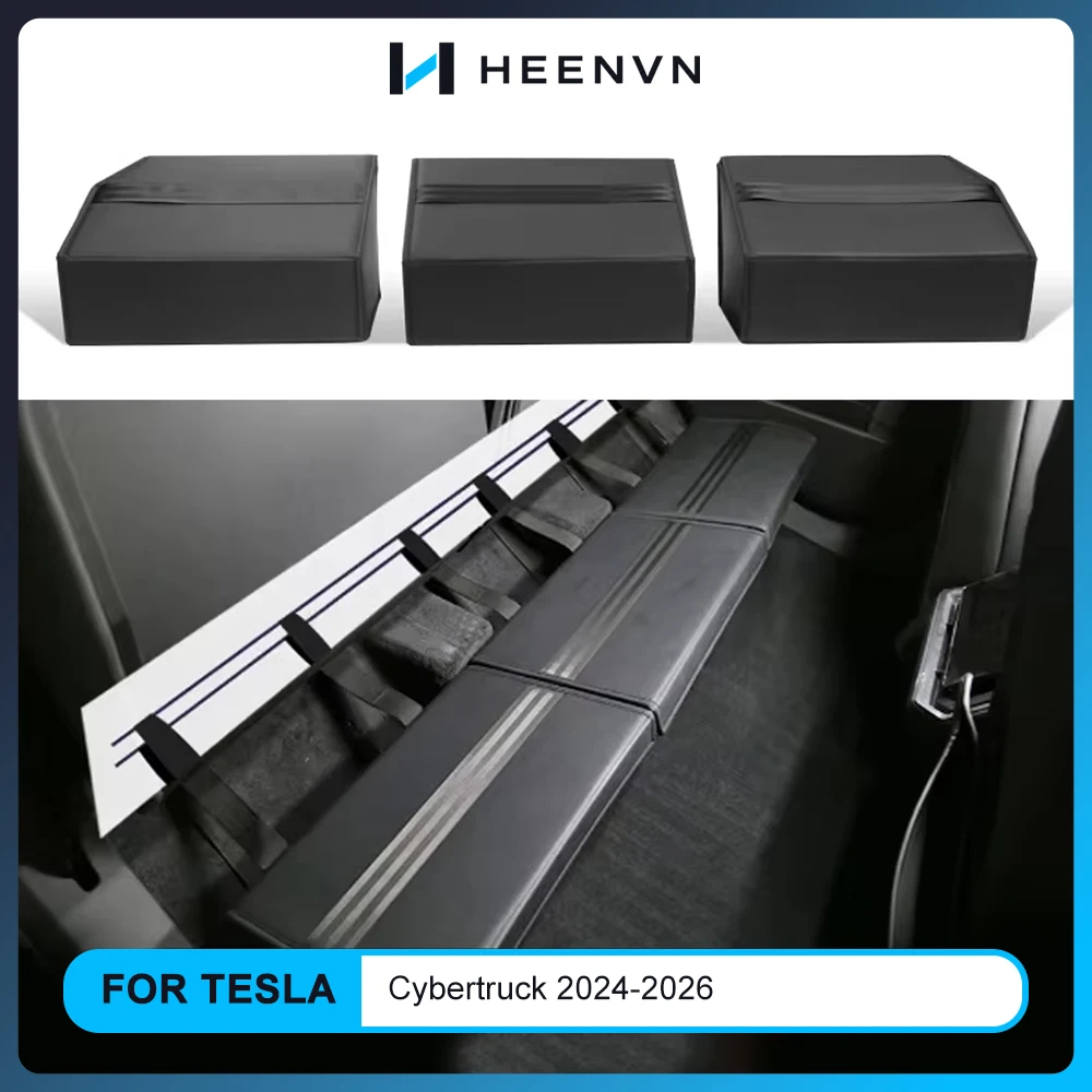 Heenvn Rear Under Seat Storage Box For Tesla Cybertruck 2024-2026 3PCS Set Leather Car Rear Under Seat Organizer Box Accessories