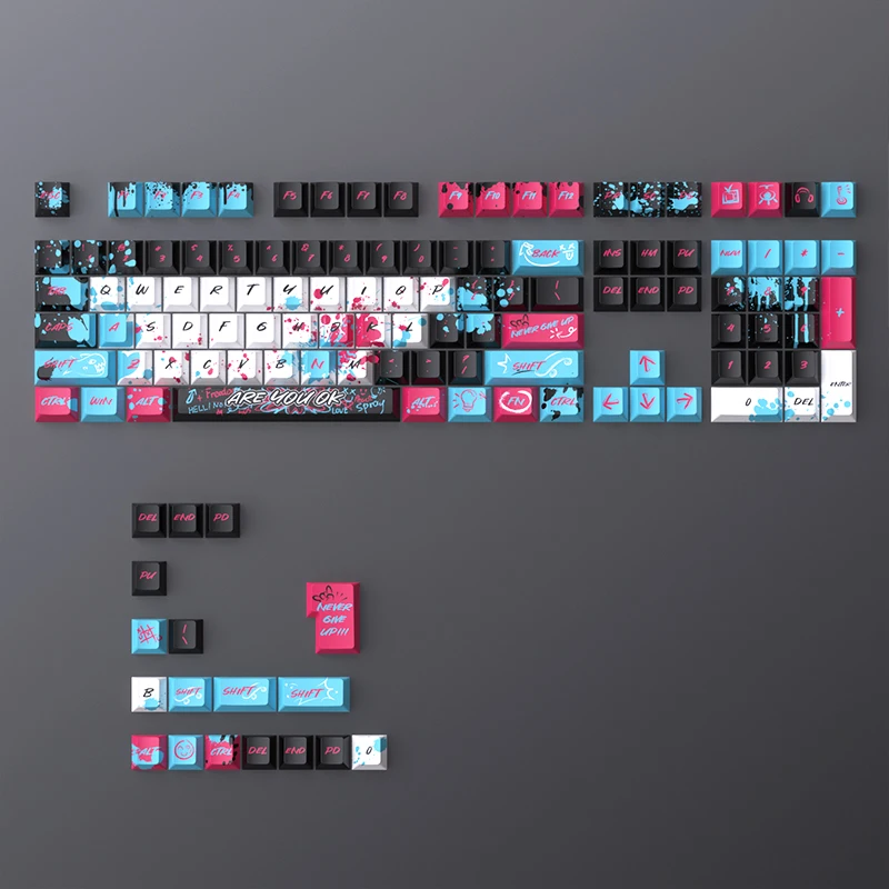 

Red and blue graffiti keycaps are sublimated. Original factory height is small, and a full set of 126-key PBT is customized.