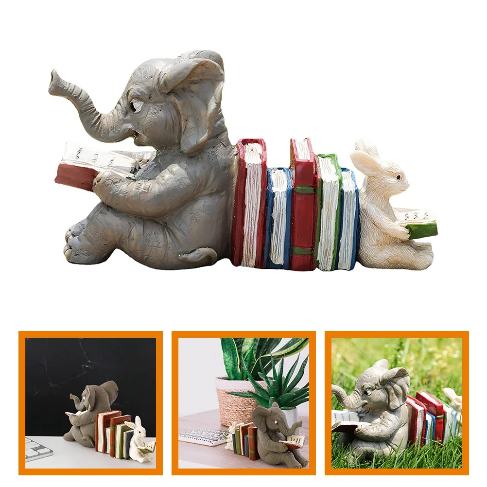 Statue de livre de lecture d'éléphant de lapin en résine réaliste, décoration de maison, jardin, Patio, bureau, Sculpture animale artistique