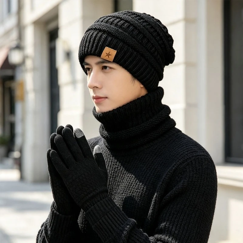 1/3/5Sets Winter Warm Unisex Fashion Knitted Beanie with Plush Fur Lining and Five Pointed Star Outdoor Sports Cap for Men Women
