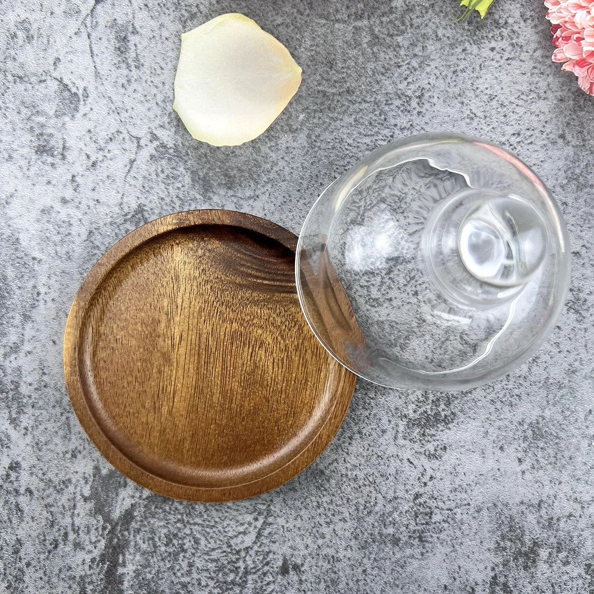 Soporte de postre con Base de madera de estilo japonés, cubierta de cúpula de vidrio, bandeja de exhibición de pastel de vidrio transparente para desayuno, sin patrón, 1 ud.