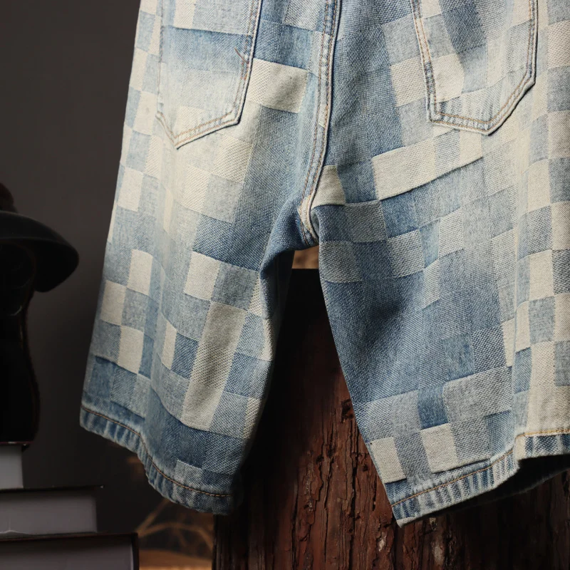 NOVEDAD DE VERANO 2025, pantalones de cinco cuartos de jacquard a cuadros a la moda para hombres, pantalones sueltos y versátiles de pierna recta de longitud media